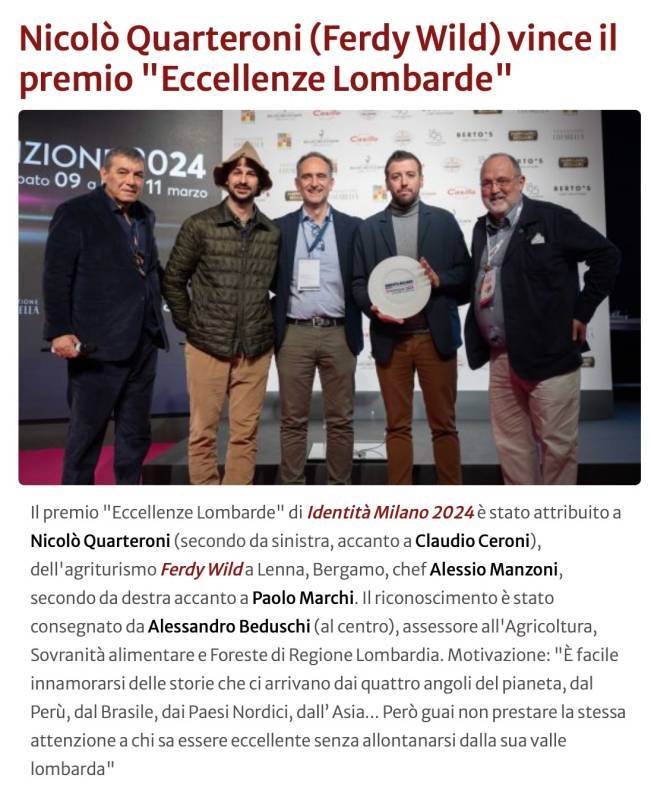 Agriturismo Ferdy gets Identità Golose's "Eccellenze Italiane" award
