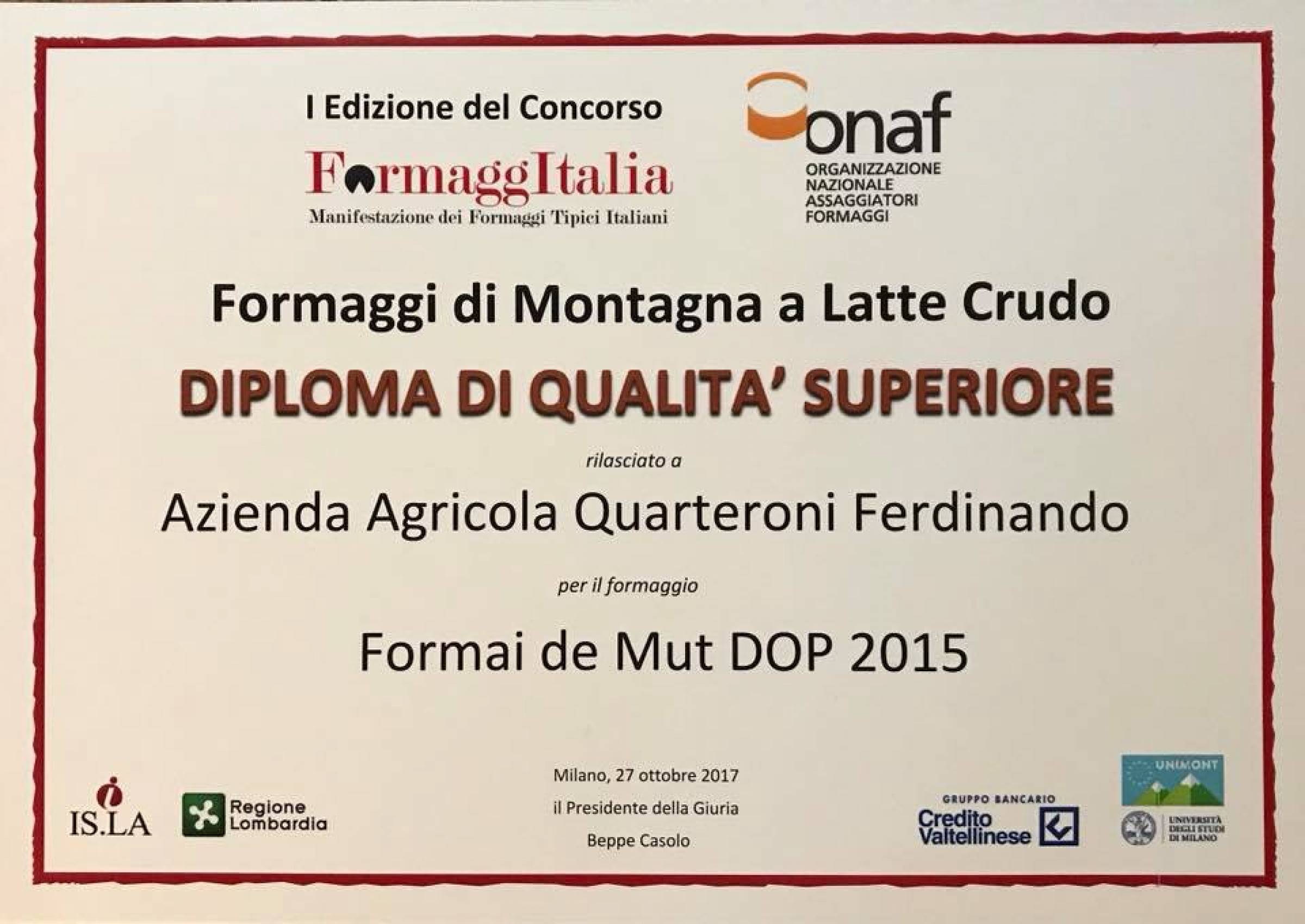 Il nostro "Formai de Mut" 2015 premiato a FormaggItalia